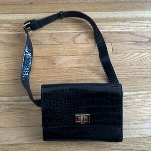 Black Croc-Embossed Belt Bag with Gold Hardware
